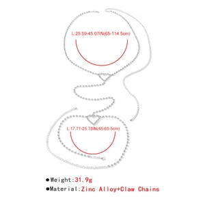 Diagramme détaillé de la chaîne de corps argentée avec cœurs montrant la taille et l'alliage