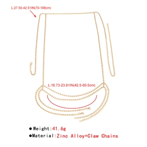 Gedetailleerd diagram van de gouden strass-lichaamsketting met afmetingen en gewicht