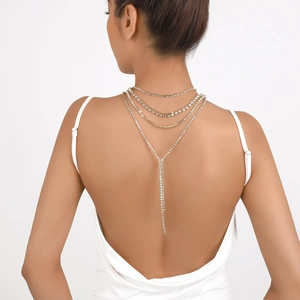 Exaggerated multi-layer rhinestone back chain necklace for open-back dress with tassels