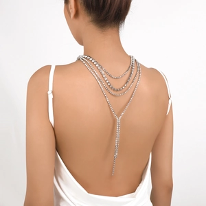 Elegant multi-layer rhinestone back chain necklace with silver tassels for party