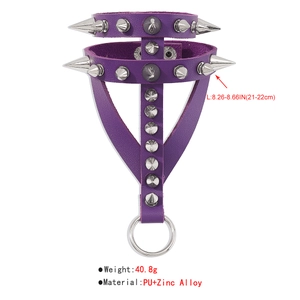 Detail view of purple punk PU leather bracelet featuring large metal ring and sharp spikes