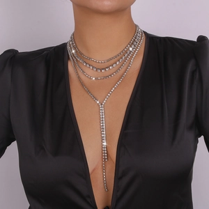 Exaggerated multi-layer rhinestone choker and tassel Y-necklace for evening gowns