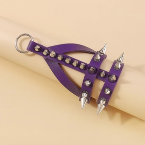 Gothic punk purple PU leather hand harness with silver metal spikes and ring