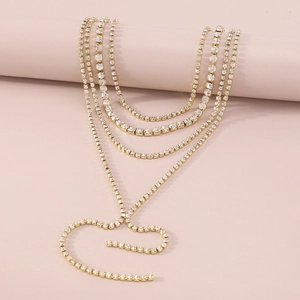 Exquisite multi-layer gold tennis chain necklace with rhinestone fringe for evening wear