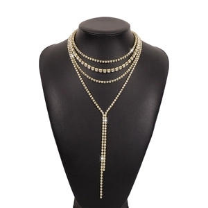 Chic multi-layer gold rhinestone fringe necklace with luxurious tassel for evening gala events