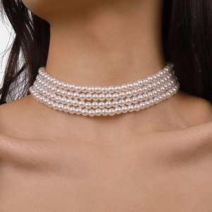 Elegant multi-layer pearl choker necklace for women featuring four rows of cream pearls