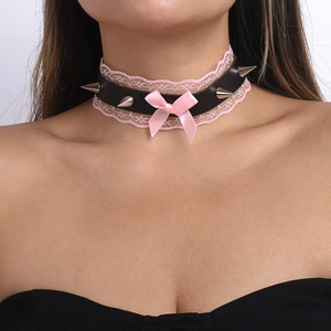 Punk style black leather choker featuring silver studs, pink lace trim and silk bow detail