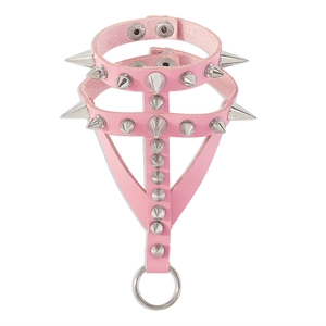 Pink gothic punk PU leather choker body harness with silver metal spikes and O-ring detail