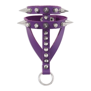 Detail view of purple PU leather punk bracelet with silver metal spikes and rivets