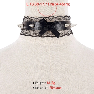 Detail view of gothic PU leather choker with lace trim, bow, and silver metal rivets