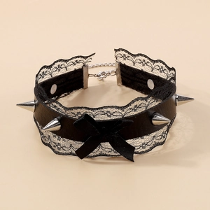 Punk gothic black PU leather choker with lace trim, metal studs and a central bow