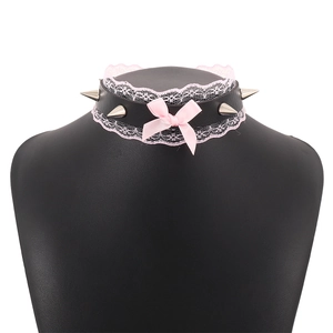 Punk black leather choker with pink lace floral trim, satin bow, and silver metal studs