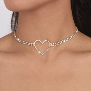 Luxury Alloy Rhinestone Heart Choker Necklace Double Row Claw Chain Adjustable Gold Silver Pendant Jewelry For Women Party