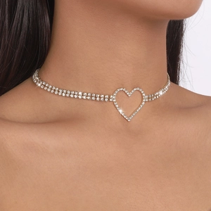Elegant double-row rhinestone choker necklace with a sparkling hollow heart pendant for women