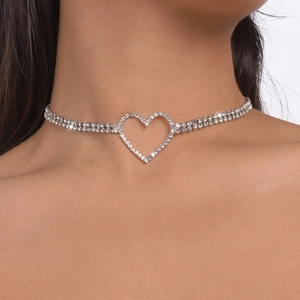Sparkling double-row diamond heart choker necklace with silver-tone finish for women