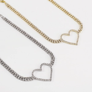 Elegant double-layered heart pendant necklace with full crystal rhinestones in gold and silver