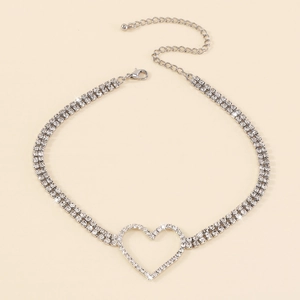 Detailed close-up of double-row rhinestone heart choker with silver finish and lobster clasp