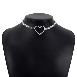 Sparkling double-row rhinestone heart choker necklace for women with silver finish