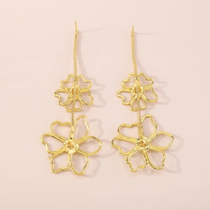 Elegant gold double flower drop earrings with hollow petals on delicate snake chains