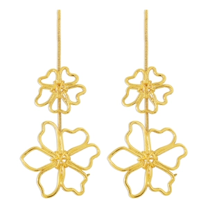 Vintage style gold hollow flower drop earrings with snake chain tassels on white background