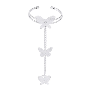 Silver boho hand harness bracelet with filigree butterflies and sparkling rhinestones