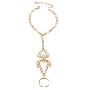 Macro detail of gothic gold spider bracelet ring featuring a clear teardrop gemstone