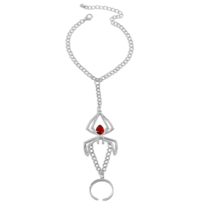 Gothic silver slave bracelet with a red gemstone spider and adjustable ring detail