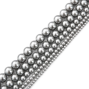 Polished silver-grey glass pearl bead strands in various sizes for DIY jewelry making