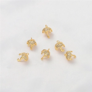 Set of 6 gold plated umbrella pendants with white zircon stones for jewelry making