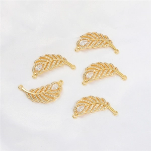 18K gold plated leaf charm connector with pavé zircon stones for DIY jewelry