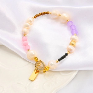 18k gold plated OT toggle clasp beaded bracelet with pearls and zircon inlay