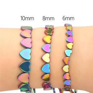 Rainbow hematite heart beads in 6mm, 8mm, and 10mm sizes for DIY jewelry making