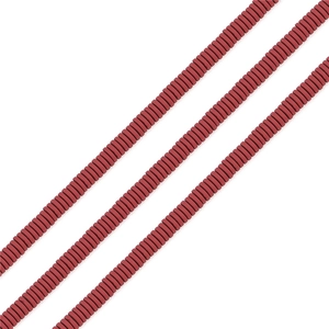 Close-up of matte reddish-brown heishi beads arranged in professional rows for DIY jewelry