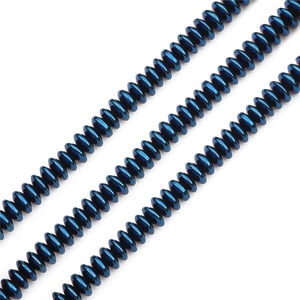 Detailed view of deep blue metallic hematite disc beads for DIY jewelry making