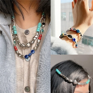 Bohemian multilayer necklace and LOVE bracelet set with irregular silver and turquoise beads