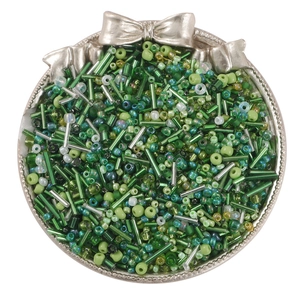 Mixed green glass seed and bugle beads in silver tray for DIY jewelry making