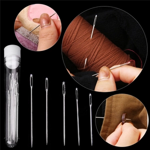 Self-threading large eye sewing needle set with 25 pieces in a plastic storage tube