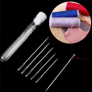 Detailed set of self-threading sewing needles with transparent storage tube and cap