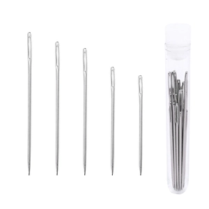 Detailed set of 25 large eye sewing needles with a clear plastic storage tube organizer