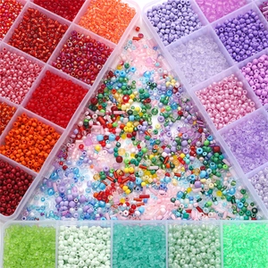 15-grid glass seed bead kit with diverse colors and tube beads for DIY jewelry making