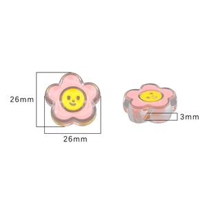 Pink acrylic flower bead with yellow smiley face for DIY handmade jewelry crafting 26mm