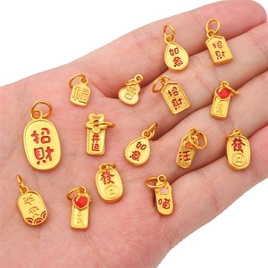 Golden feng shui charms set for bracelets with Chinese luck symbols and gourd shape