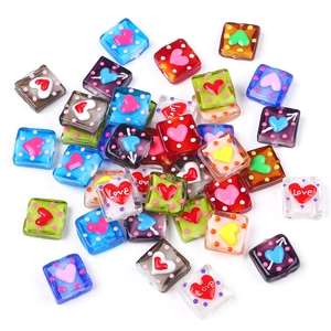 Colorful square glass beads with 3D love hearts and love engraving for DIY jewelry