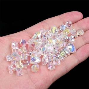Handheld glass crystal beads with aurora coating in heart, square and drop shapes for DIY crafts