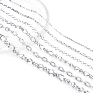 Polished 304 stainless steel chain collection in various link styles on white background