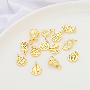 Metal Gold Plated Chinese Character Lucky Charm Pendant For DIY Jewelry Making Hollow Round Lucky Fish Bag Accessories