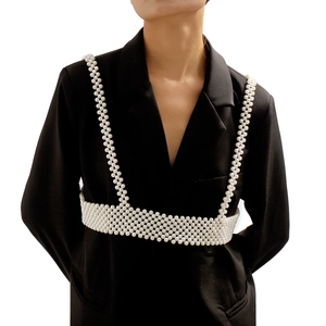 Elegante Cadena de Cuerpo de Perlas Artificiales de Imitación Blancas Cinturón de Cintura de Abalorios Chaleco Cadena de Pecho Joyería de Varias Capas para Mujer