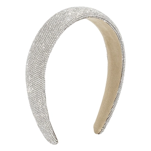Close-up of padded headband with full silver rhinestone embellishments and velvet lining
