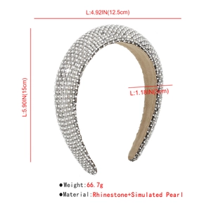Detailed view of padded headband with rhinestones and white pearls and dimension markings