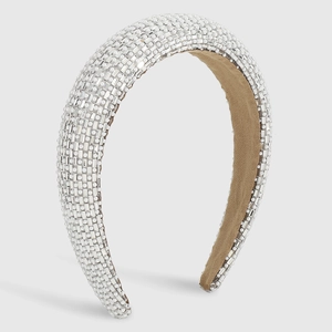 French style headband with rhinestones and pearls on a padded wide beige fabric base
